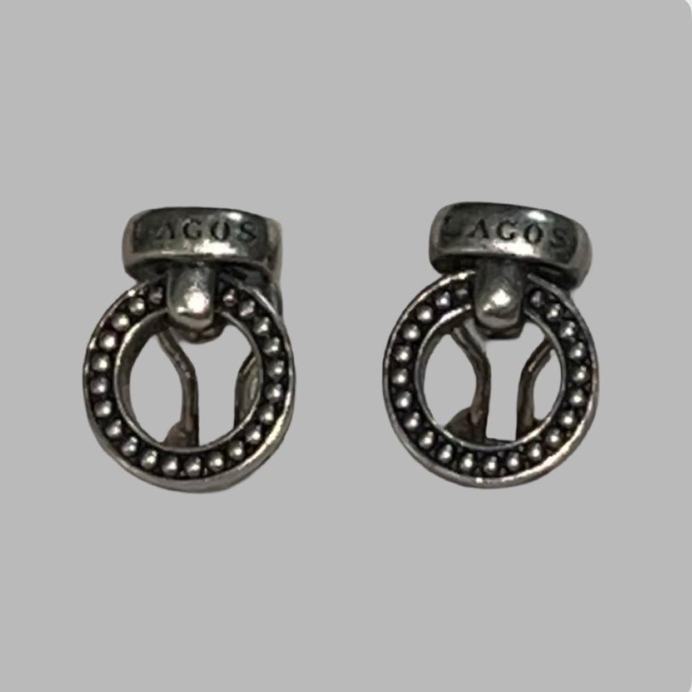 Sterling silver Caviar beaded circle earrings with a bar that details the LAGOS - Picture 7 of 9